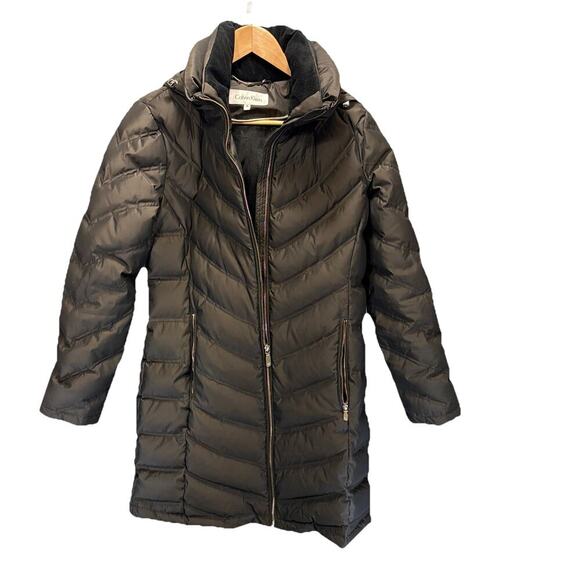 CALVIN KLEIN Women Puffer Parka M Brown Duck Down Removable Hood Winter Coat - Picture 2 of 13